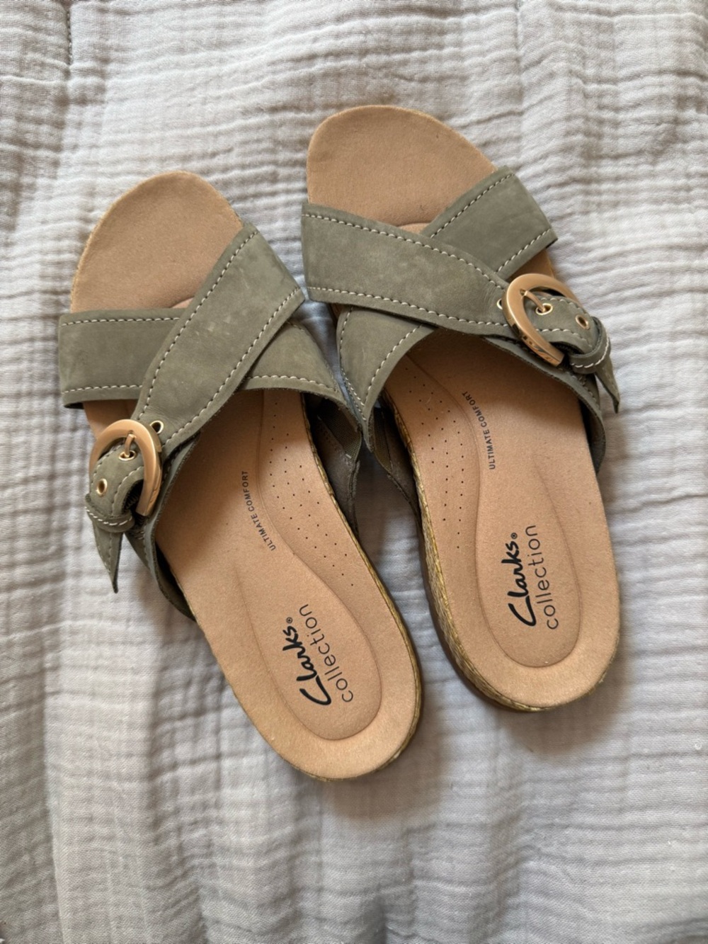 Clarks Olive Green Suede Slide Sandals with Gold Buckle